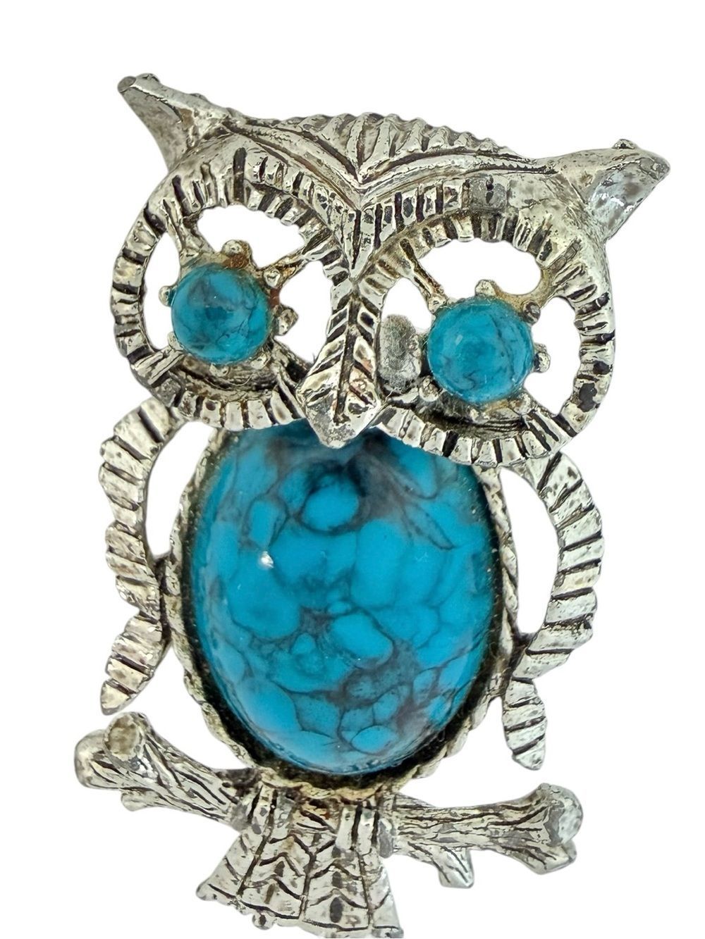 Vintage Signed Gerry’s Silver Owl Brooch Pin Pendant Faux Turquoise Jelly Belly